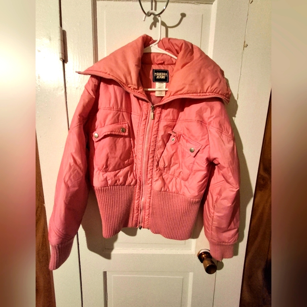 Guess Pink Puffer Jacket with Belted Waist